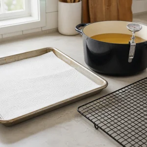 Prepared frying station with a lined tray, wire rack, and pot with thermometer