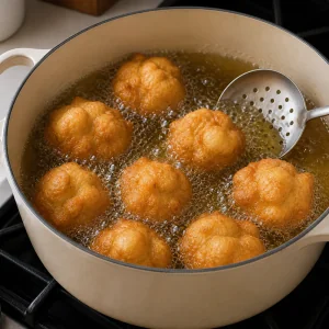 Puffed golden zeppole frying in bubbling oil with a slotted spoon nearby