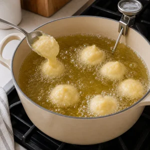 Rounded spoonfuls of zeppole dough dropping into bubbling hot oil