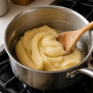 Smooth zeppole dough pulling away from the saucepan as it is stirred