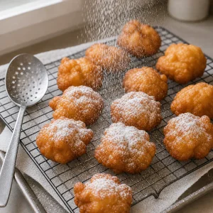 Warm fried zeppole draining on a rack while powdered sugar falls over them