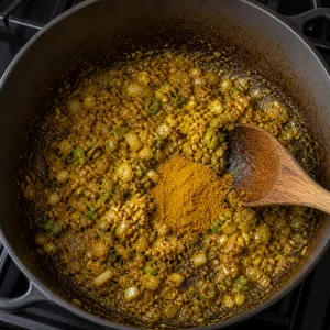 Garlic, ginger, and curry powder stirred into glossy onions