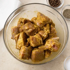 Goat pieces coated with curry spices in a bowl