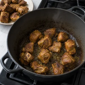Seasoned goat pieces browning in a Dutch oven