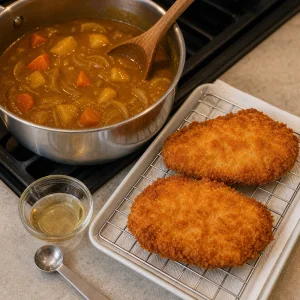 Golden chicken katsu resting beside a pot of curry