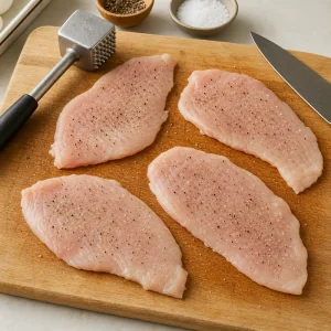 Thin raw chicken cutlets seasoned on a cutting board