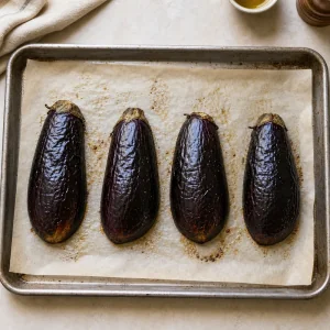 Eggplant halves roasting cut side down on a parchment-lined baking sheet