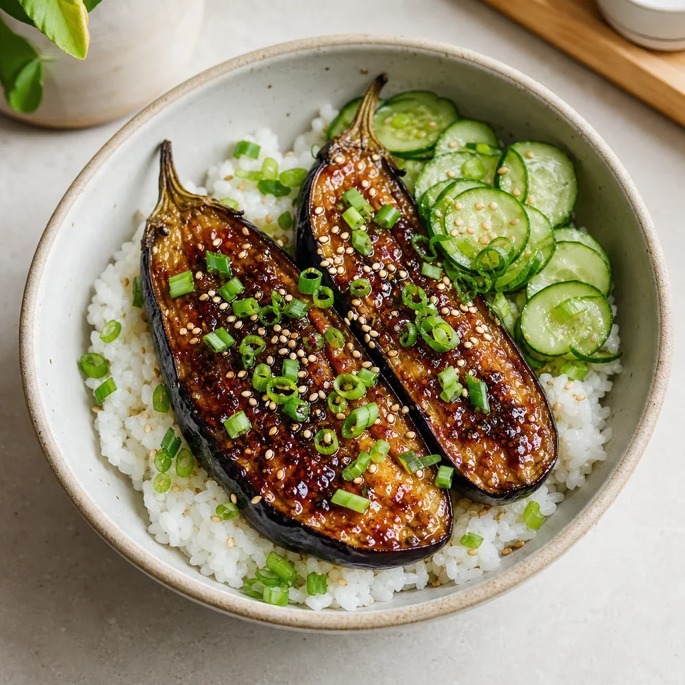Miso glazed eggplant rice bowl with cucumber, scallions, and sesame seeds