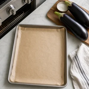 Parchment-lined baking sheet ready for roasting eggplant