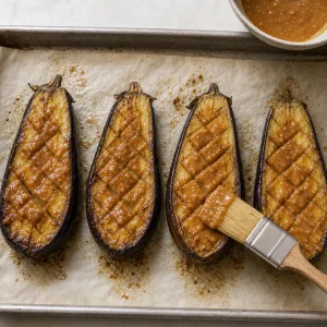 Roasted scored eggplant brushed generously with miso glaze