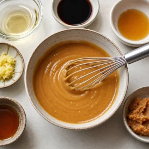 Smooth miso glaze being mixed in a small bowl