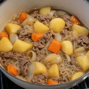 Ziemniaki, marchew, wołowina i shirataki wymieszane z bulionem sojowo-dashi