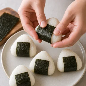 A strip of nori being wrapped around a white onigiri