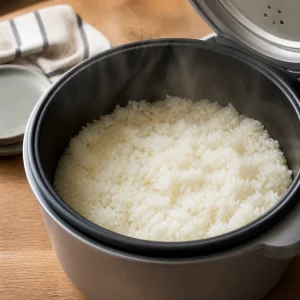 Cooked short-grain rice resting in a rice cooker insert