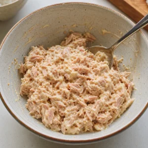 Creamy tuna mayo filling mixed in a bowl with sesame seeds