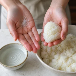 Hands holding warm rice with a small bowl of water nearby