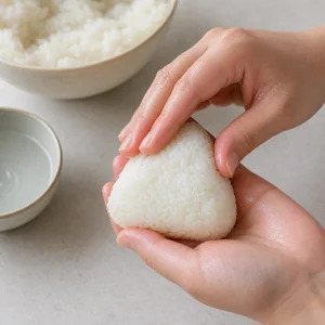 Hands shaping filled rice into a triangular onigiri