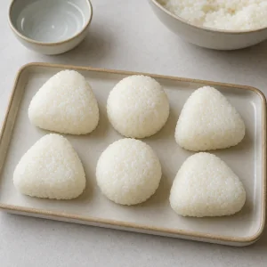Six plain shaped onigiri arranged on a tray before nori wrapping