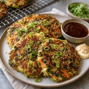 Cooked vegetable pancakes served with sauce, scallions, sesame, and mayonnaise