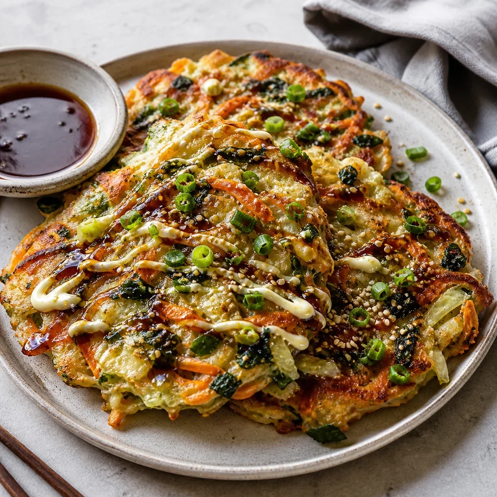Finished Japanese vegetable pancakes with sauce, scallions, and sesame seeds
