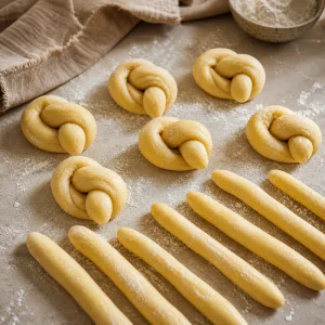 Ungebackene Teigstraenge zu Knoten geformt