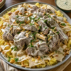 Finished Jordanian mansaf with lamb, rice, yogurt sauce, almonds, and flatbread