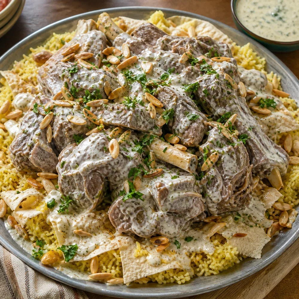 Finished Jordanian mansaf with lamb, rice, yogurt sauce, almonds, and flatbread