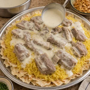 Mansaf being assembled with bread, rice, lamb, and yogurt sauce