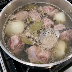 Raw lamb and aromatics beginning to simmer in a pot
