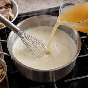 Warm lamb broth being whisked into steaming yogurt sauce