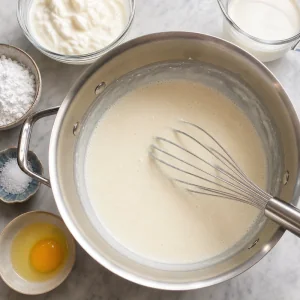 Yogurt mixture whisked smooth in a saucepan