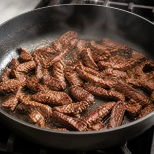 Beef strips browning in a wide skillet