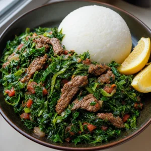 Finished sukuma wiki with beef served with ugali and lemon wedges