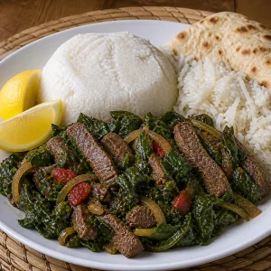 Plated sukuma wiki with beef, ugali, and lemon wedges
