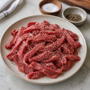 Seasoned raw beef strips on a plate