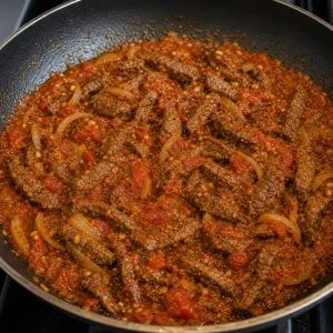 Tomatoes cooked into a thick sauce with beef