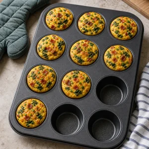 Baked bacon egg cheese muffins set and golden in the tin