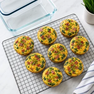 Finished keto egg muffins cooling beside a storage container