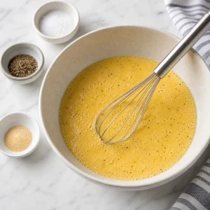 Frothy eggs and cream whisked with keto muffin seasonings