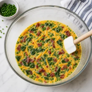 Spinach cheddar bacon and chives folded into egg mixture