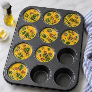 Unbaked keto egg mixture divided among muffin cups