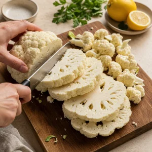 Couve-flor cortada em bifes grossos sobre uma tabua