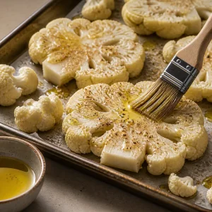 Bifes de couve-flor pincelados com azeite e temperos