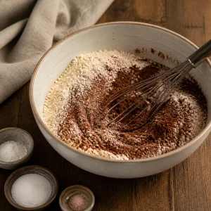 Almond flour and cocoa powder whisked in a mixing bowl