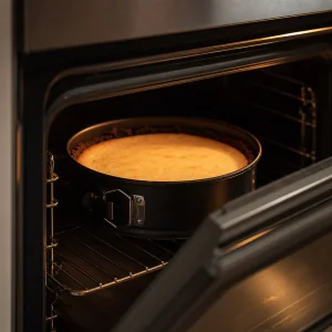 Baked cheesecake resting in a cracked-open oven