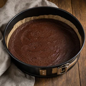 Brownie batter smoothed into the bottom of a springform pan