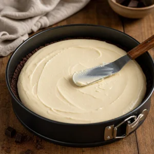 Cheesecake filling smoothed over the dark brownie base