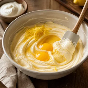 Eggs and lemon zest folded into creamy cheesecake filling