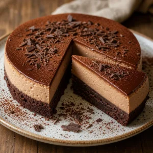 Finished brownie cheesecake sliced with cocoa and chocolate shavings