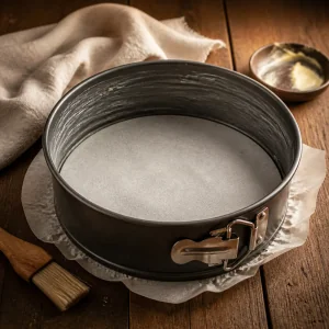 Parchment-lined springform pan ready for brownie batter